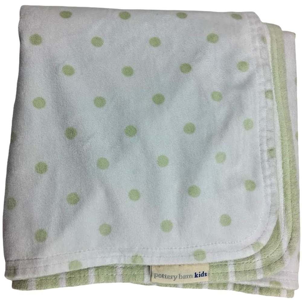 Pottery Barn Kids Green Striped Polka Dot Baby Blanket Reversible Chamois Unisex
